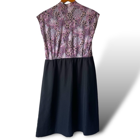 Vintage 1970s Top Made Purple Floral Pullover Dress M Short Sleeve Bow Tie - Picture 3 of 6